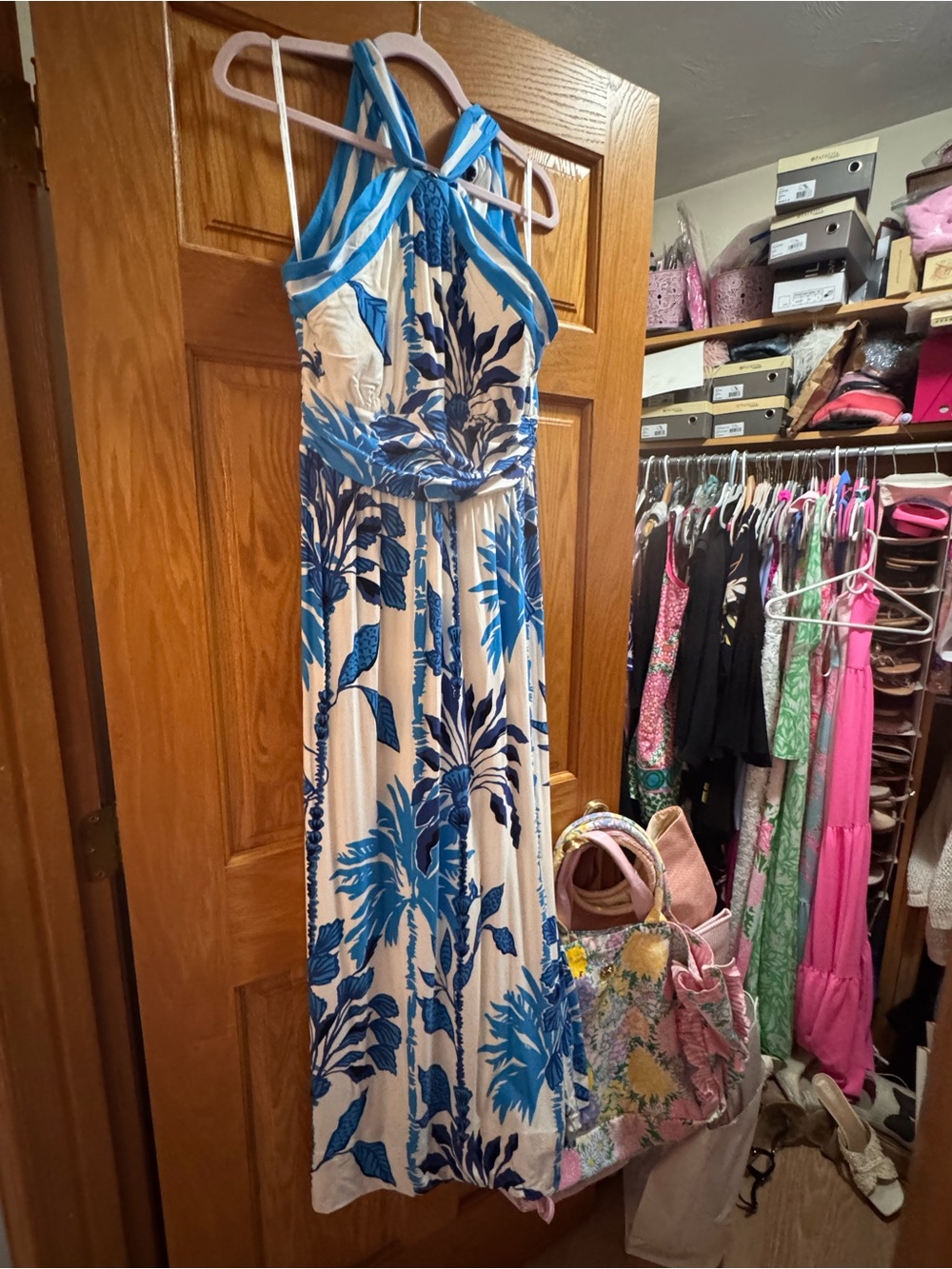 Lilly Pulitzer Blue and White Floral Halter Maxi Dress